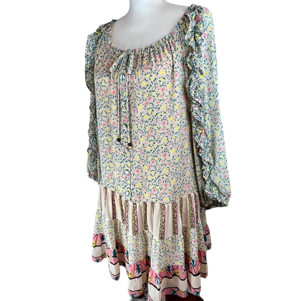 FREE PEOPLE Pink Foral Dress Mini Boho Small Flowers in Hair Babydoll Ruffles - Picture 6 of 16
